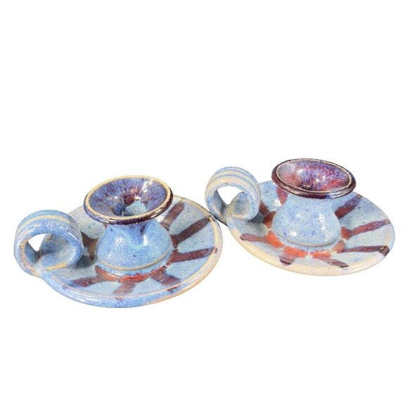 Hand Made Studio Art Pottery Candle Stick Holder Set 2 Multicolor Drop Glaze VTG - Picture 2 of 15